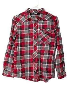 Vans Flannel Button Down Shirt Kids Boys Size Large Youth Red Gray Long Sleeve
